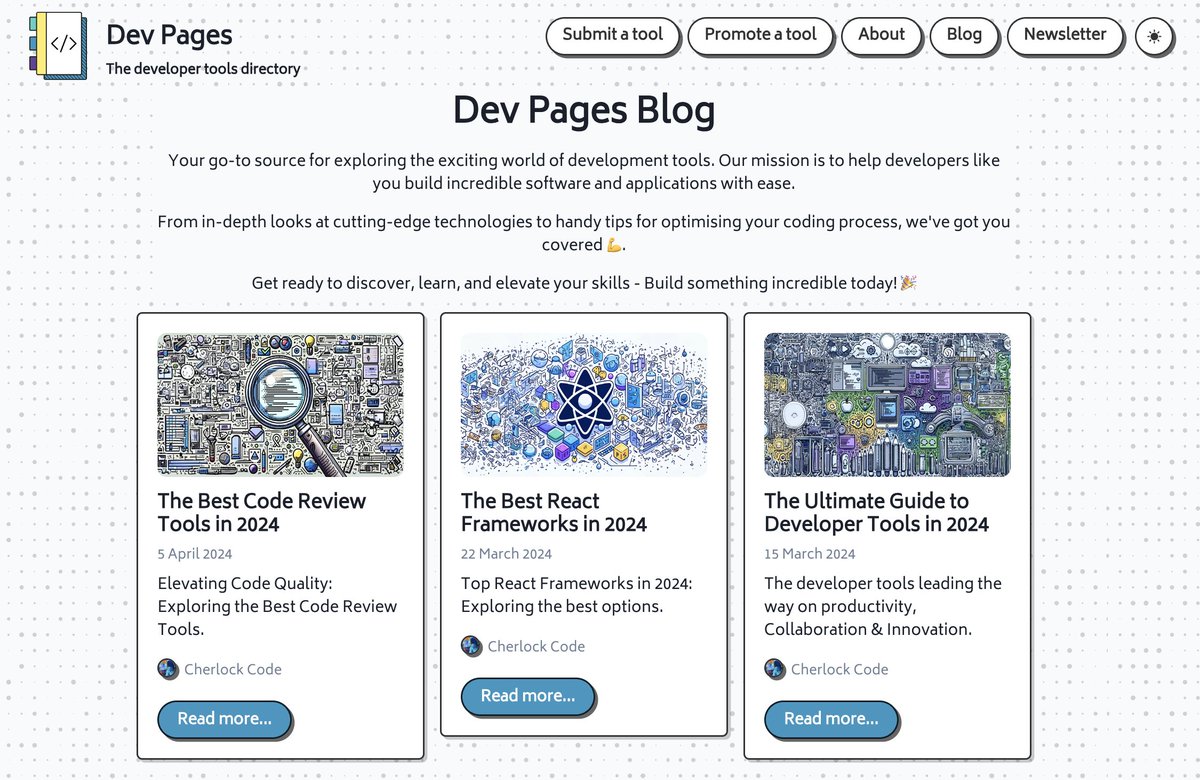 The <a href="/Dev_Pages/">Dev Pages</a> blog is now live! 🎉

Content driven with <a href="/sanity_io/">Sanity</a>. Super happy with the results 😃

Can now have more awesome tools-related content and info.

May even do some featured posts for individual tools, let me know what you think!

#buildinpublic #indiehackers