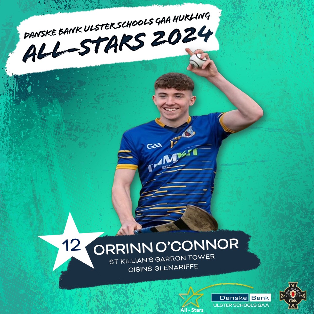 Following the success with @StKillians Orrinn O Connor, is selected at wing half forward. The Oisin Glenariff player has won many Ulster Schools @DanskeBank_UK medals including McNamee Cup, Forester Cup, & this year’s Mageean Cup, along with having success at club & county level.