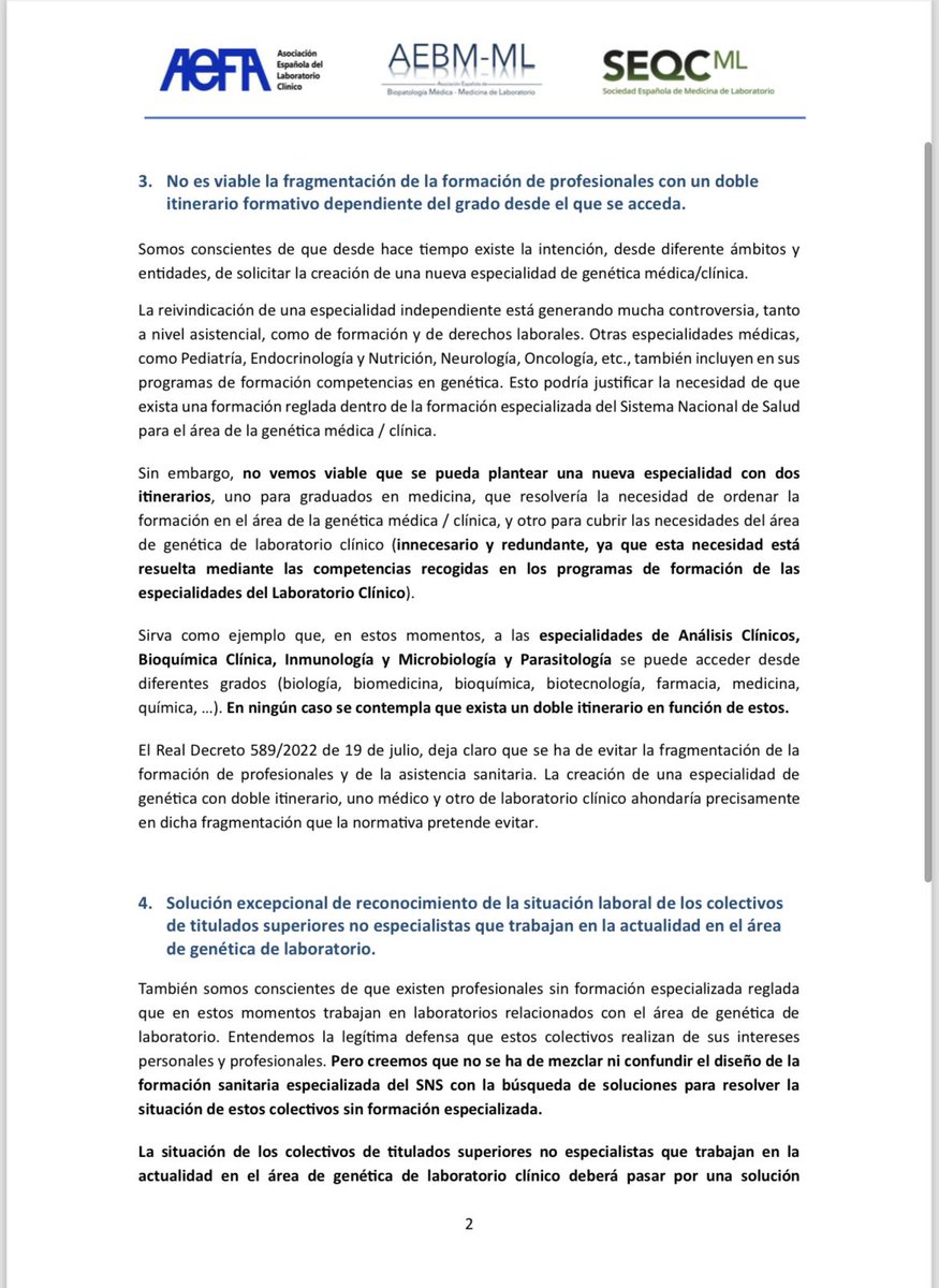 LabArrixaca's tweet image. Las sociedades científicas de Laboratorio Clínico se posicionan: Las especialidades de Análisis Clínicos y Bioquímica Clínica tienen reconocida y reglada la formación y el ejercicio profesional en genética.
@aefa_es @SEQC_ML @aebm_ml