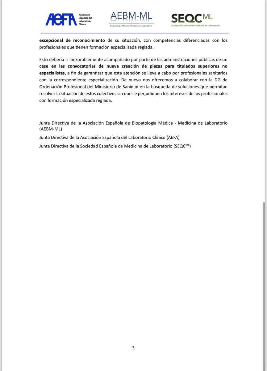 LabArrixaca's tweet image. Las sociedades científicas de Laboratorio Clínico se posicionan: Las especialidades de Análisis Clínicos y Bioquímica Clínica tienen reconocida y reglada la formación y el ejercicio profesional en genética.
@aefa_es @SEQC_ML @aebm_ml