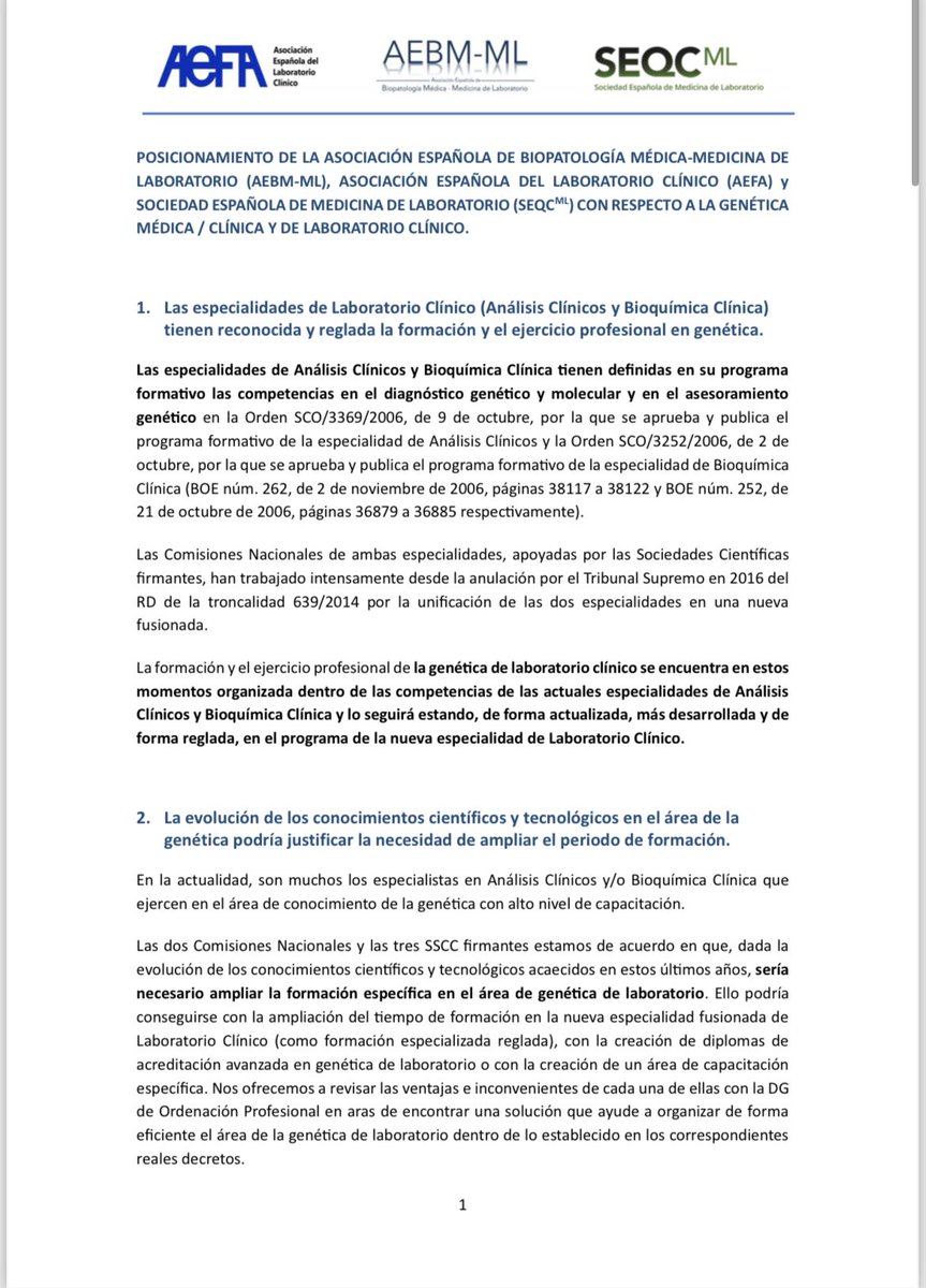 LabArrixaca's tweet image. Las sociedades científicas de Laboratorio Clínico se posicionan: Las especialidades de Análisis Clínicos y Bioquímica Clínica tienen reconocida y reglada la formación y el ejercicio profesional en genética.
@aefa_es @SEQC_ML @aebm_ml