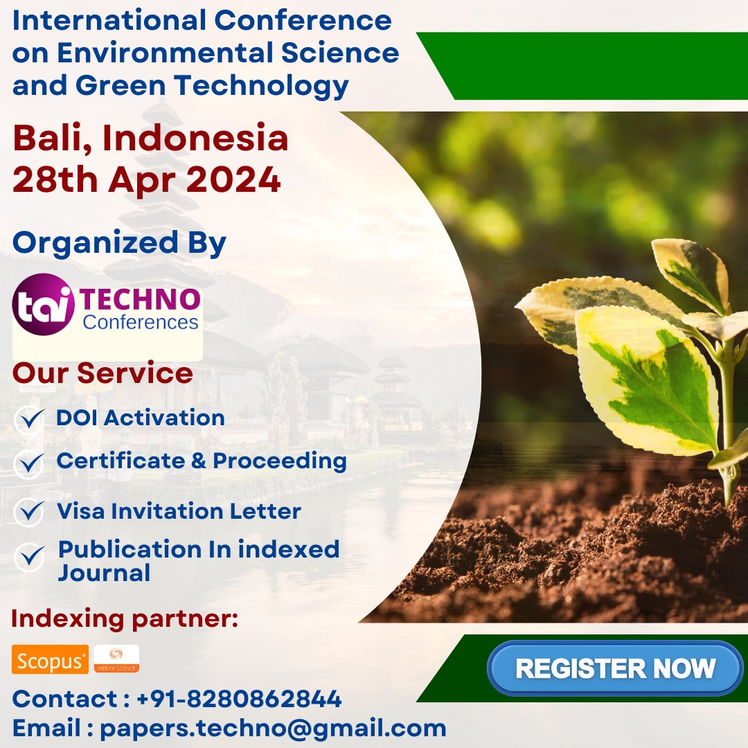 techno_conf's tweet image. Join us for our upcoming International Conference on Environmental Science and Green Technology(ICESGT) Date: 28th Apr 2024
Place: Bali, Indonesia
Learn more: technoconferences.com/Conference/125…
#technoconference #allconferencealert #conference2024 #balievent #environment #science #indonesia