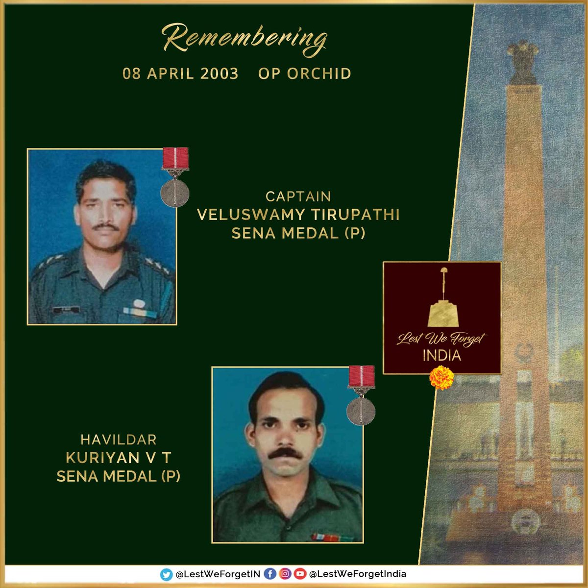 Long gone but not forgotten - #LestWeForgetIndia🇮🇳 Captain Veluswamy Tirupathi and Havildar Kuriyan VT, both #SenaMedal (P), INTELLIGENCE CORPS, made the supreme sacrifice during Op Orchid, part of @easterncomd - #OnThisDay 08 April in 2003 Remember the gallant…