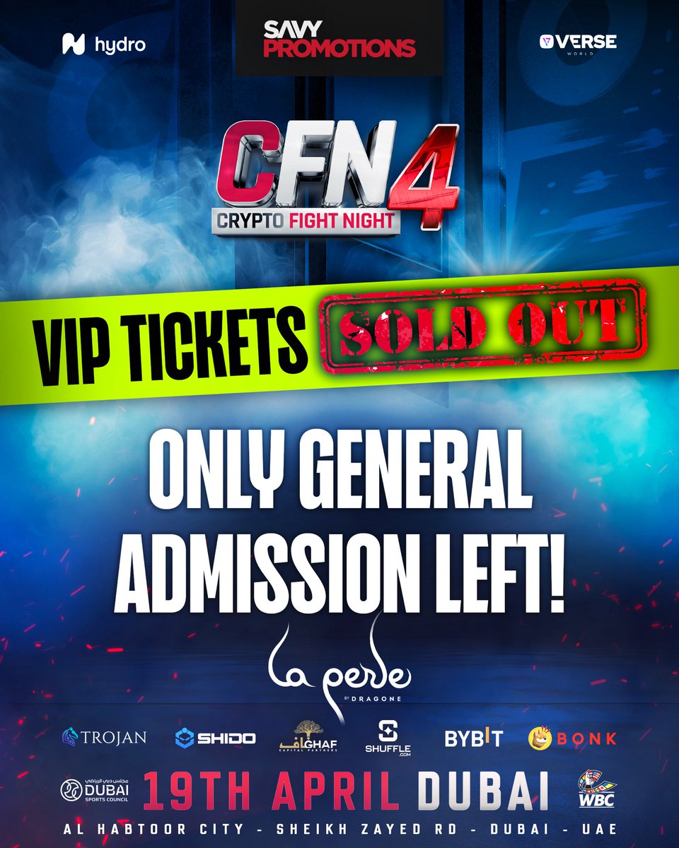 GET YOUR TICKETS WHILE YOU CAN! 🚨 VIP SOLD OUT 🚫 General Admission ✅ #️⃣ #CFN4 🥊 Ansem vs. Barney 📆 April 19th 📍 @laperledxb 🎟️ scldr.co/CFN4Tickets