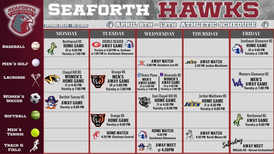 Seaforth Athletics Weekly Schedule is posted and have HOME games today! Come support our Lady Hawks Lacrosse and Baseball teams tonight! #WeAreSeaforth!