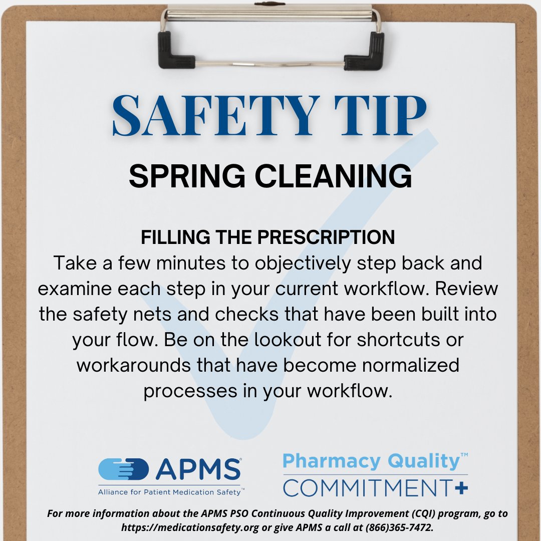 A medication safety tip from @APMS_PSO! For more information, or to get your Medication Safety and Continuous Quality Improvement (CQI) program started, go to medicationsafety.org/sign-up.php or call APMS® at (866)365-7472. #PSOPower, #PatientSafety, #CommunityPharmacy, #MedicationSafety