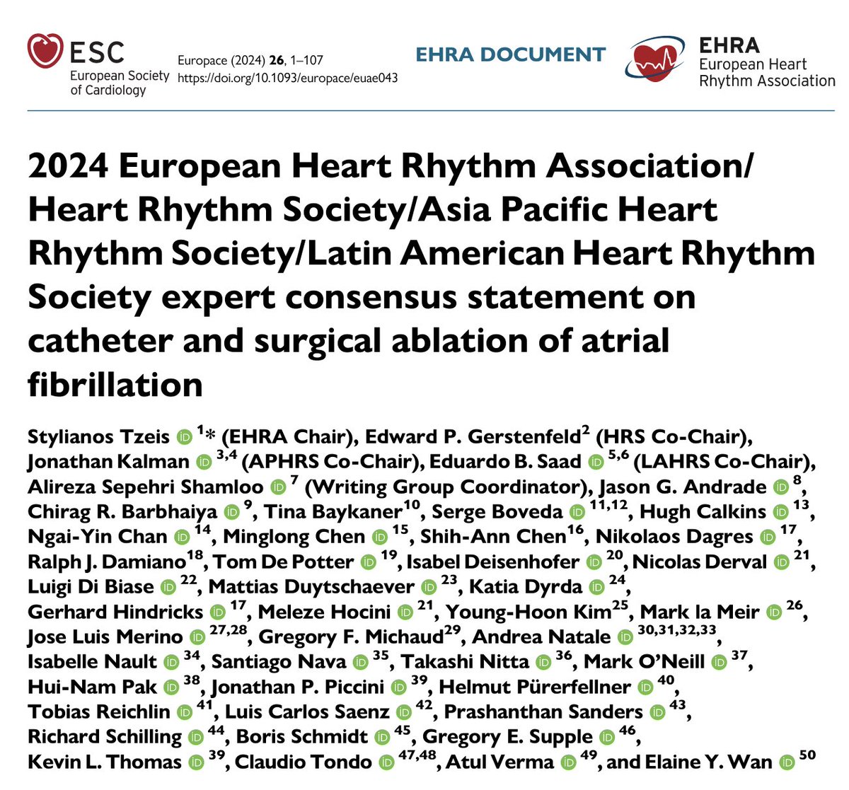 📣📣 NUEVO Consenso 2024 sobre Ablación por catéter y quirúrgica de Fibrilación Auricular #EHRA @HRSonline @APHRSOfficial #LAHRS 📝 Hilo 🧵con los puntos claves 1/9 💪🏼 #EHRA2024 #Afib academic.oup.com/europace/artic…