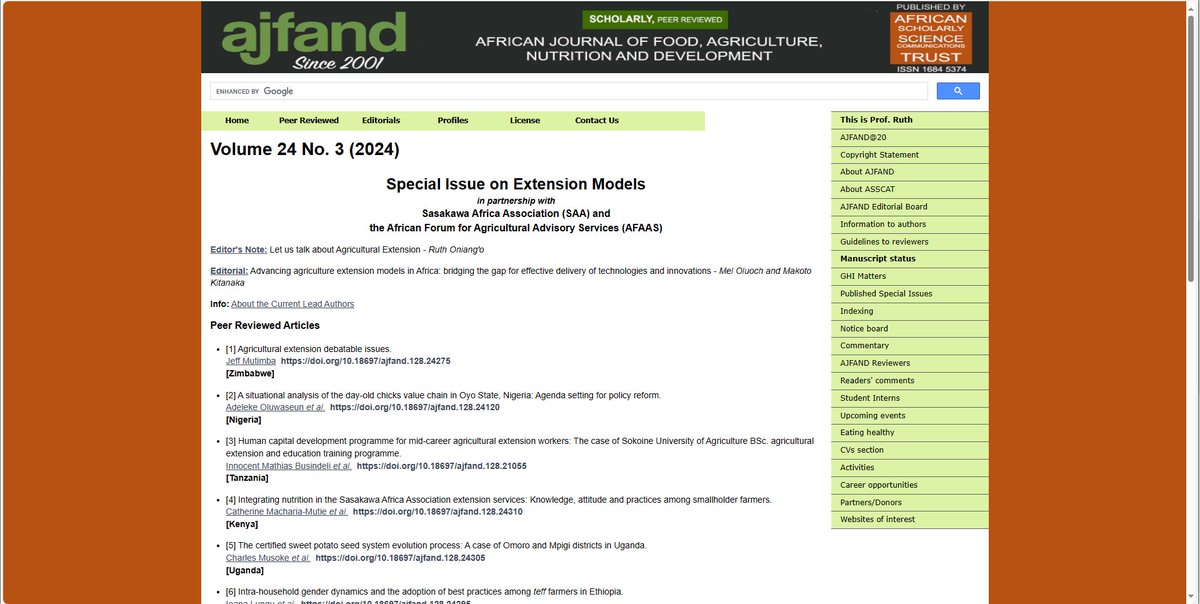 Exciting News Alert! Our Special Issue on Extension Models is here, in partnership with @SasakawaAfrica and @AFAASinfo! Featuring discussions by @RuthKOniango and an editorial by Mel Oluoch and Makoto Kitanaka. Dive into innovative approaches for agricultural development! 👇👇