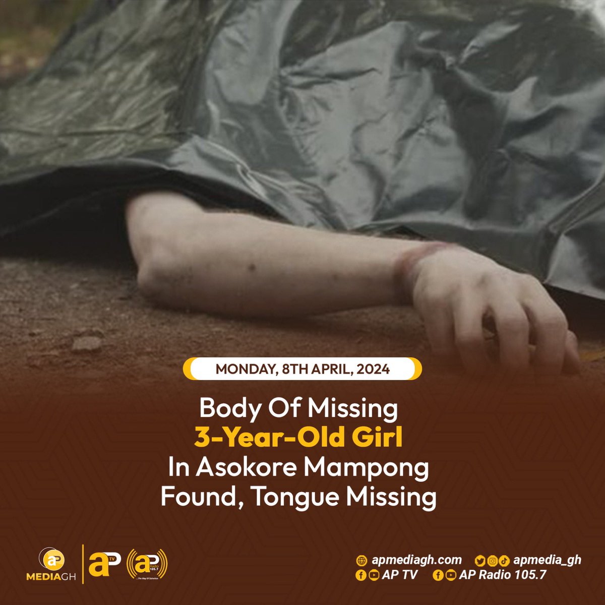 Body of missing 3-year-old girl in Asokore Manpong found, tongue missing 

#APTV #APNEWS