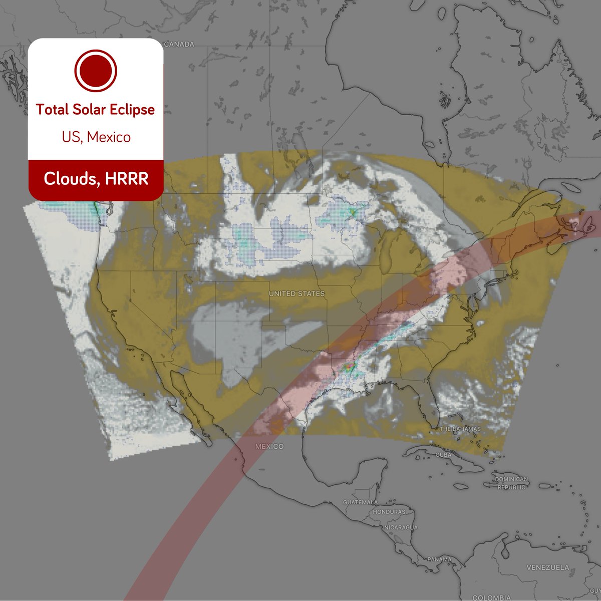 🌑🌕 The day of total solar eclipse is here! However, weather conditions might interfere with watching the epic astronomical event in some areas of the South and the interior Northeast. For visualisation, see the HRRR model. ☁️ Cloud cover and storms may obstruct the view of