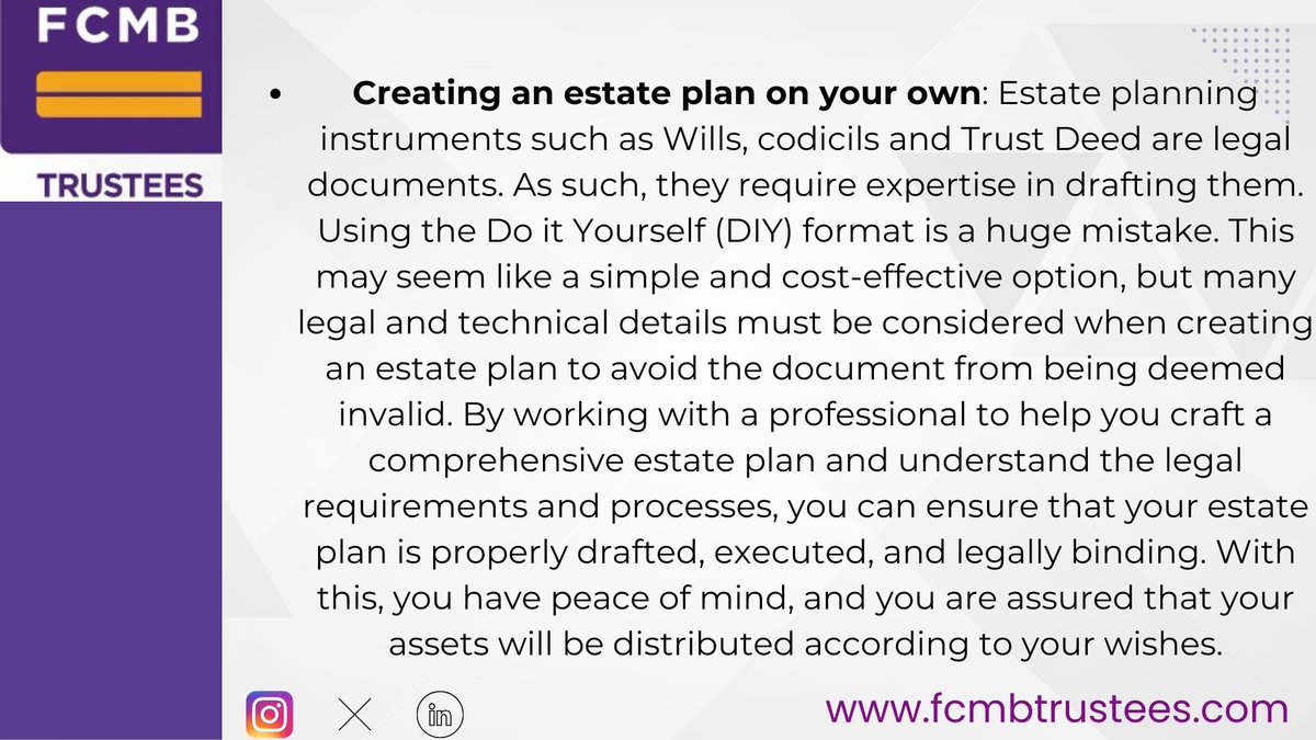 fcmbtrustees's tweet photo. As we begin Q2, we are reminding you to begin your Estate Planning.
While doing that, we have noted mistakes you have to avoid.
Do enjoy the reading.
#estateplanning
#fcmbtrustees https://t.co/FA7dzLi4x7