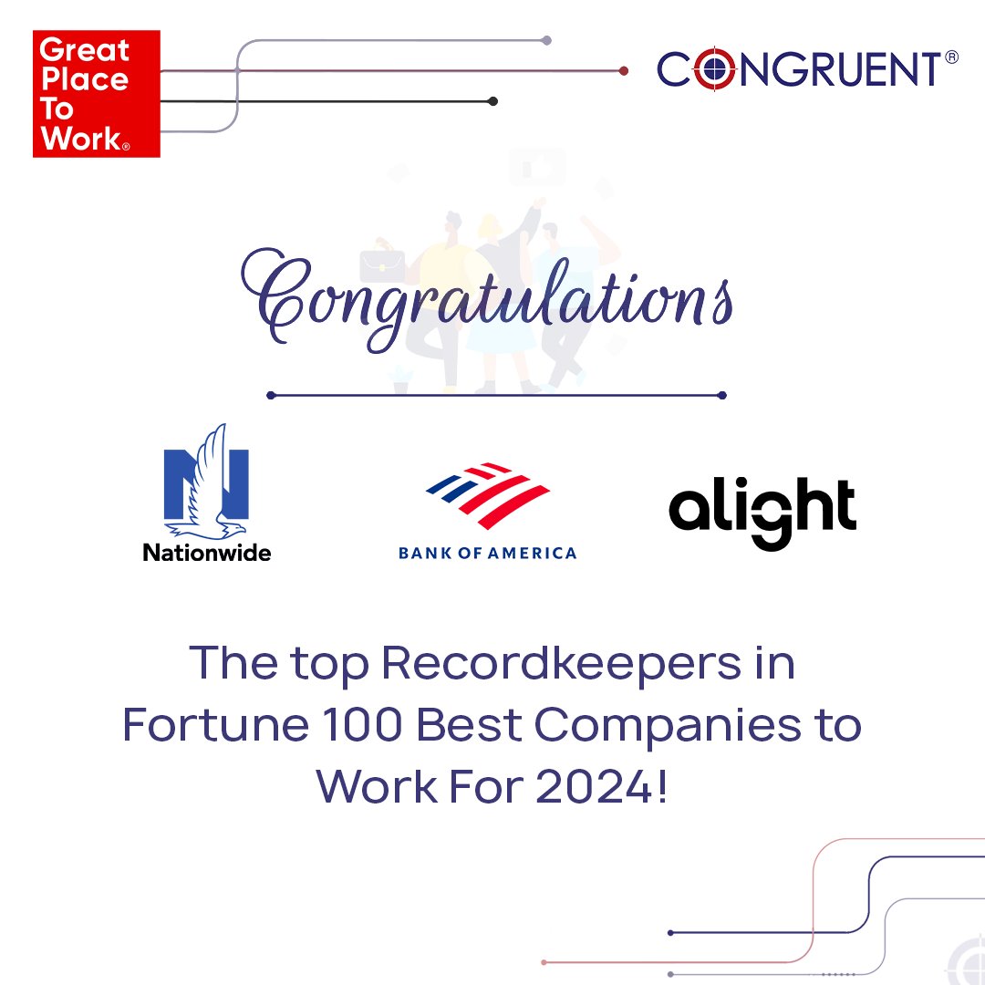 CongruentInc's tweet photo. Congratulations to @Natiowide,@BankofAmerica,& @AlightSolutions for making it to the Fortune 100 Best Companies to Work For list 2024!Your commitment to employeewell-being is truly inspiring,setting an industry benchmark.#Bestplacestoworkfor #Forbes #Congruent #401k https://t.co/dOg1aYkZbu