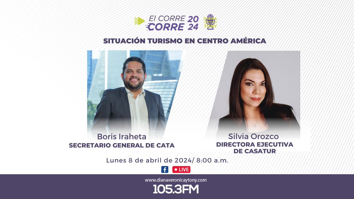 🎙️ #ElCorreCorre I Este lunes 8 de abril de 2024, conversaremos con Boris Iraheta, Secretario General de La Agencia de Promoción Turística de Centroamérica (CATA) y Silvia Orozco, directora ejecutiva de <a href="/CASATUR_SV/">Cámara Salvadoreña de Turismo</a>
🔴 Sintonízanos a las 8:00 a.m. en el 105.3 FM <a href="/Punto105/">Punto105 [105.3 FM]</a> #TuneIn