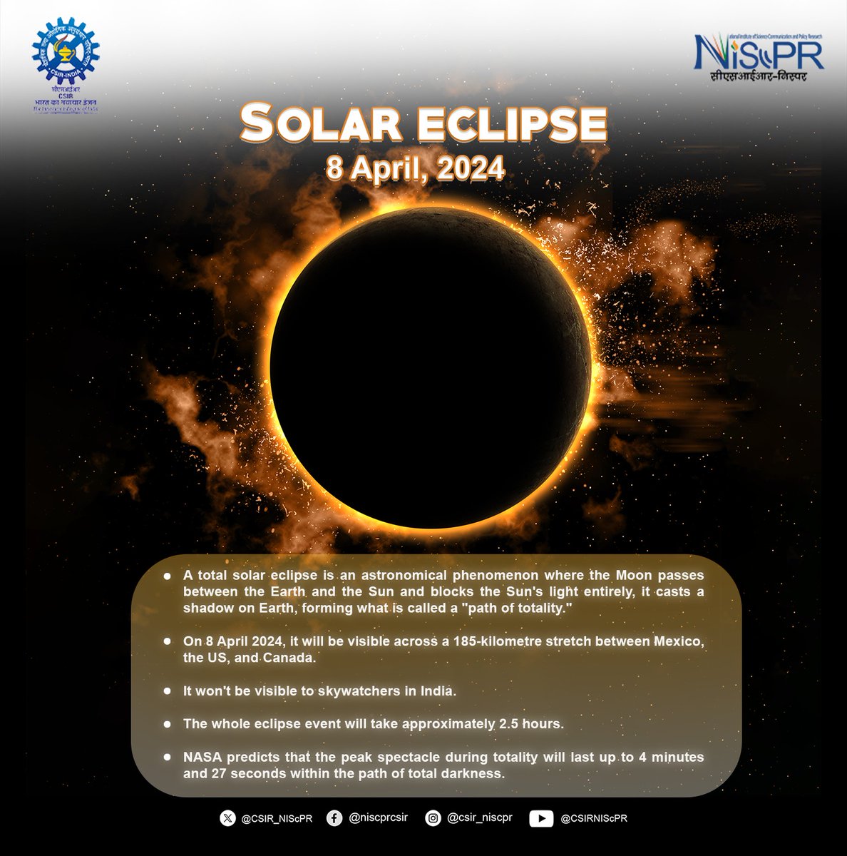 Total Solar Eclipse: A rare celestial phenomenon. It's going to happen today in a few parts of the world. #SolarEclipse2024 #SolarEclipse #Eclipse2024 #EclipseSolar2024 @CSIR_IND @SMCC_NIScPR