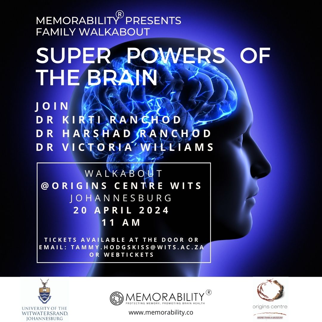 Family Museum Walkabout: The Super Powers of the Brain! 20 April at 11:00 Join brain health specialist Dr Kirti Ranchod, paediatrician Dr Harshad Ranchod and cognitive neuroscientist Dr Victoria Williams All ages welcome Tickets on webtickets: R30/R60 #MentalHealthMatters