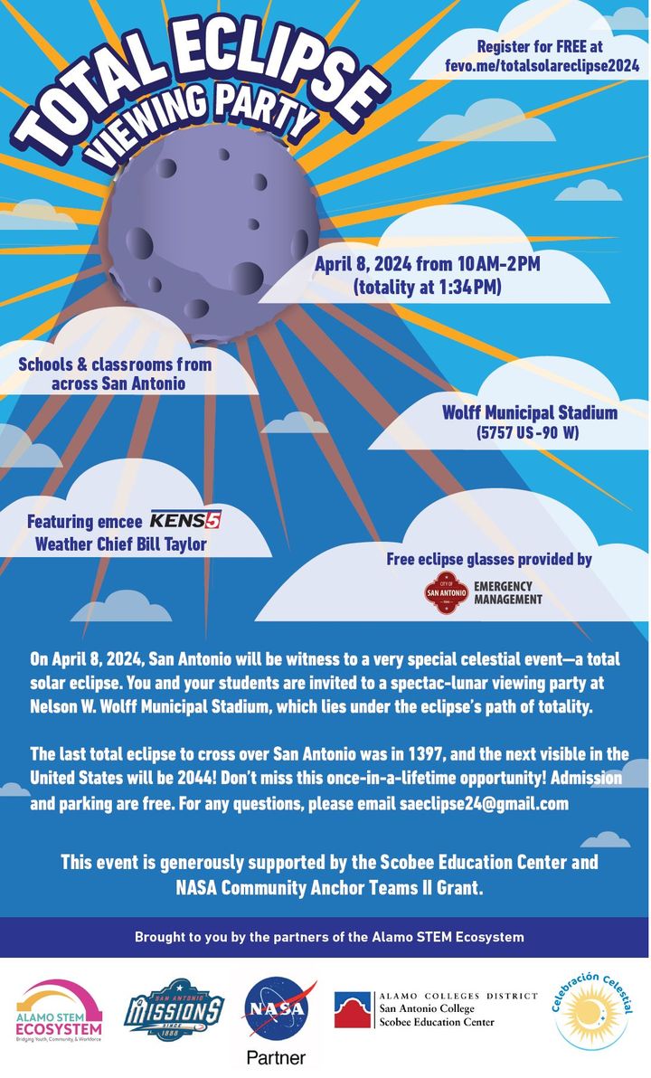 IDRAedu's tweet photo. 🌘 Join us for a stellar event! 🌟 Don't forget our Eclipse Viewing Party - TODAY - at Wolff Stadium, 10 am - 2 pm. It's going to be out of this world! 🚀 #EclipseViewing #STEM #WolffStadium #AlamoEclipse 🌒 @STEMinistx @CelinaYMoreno https://t.co/AgGlYa0NQy