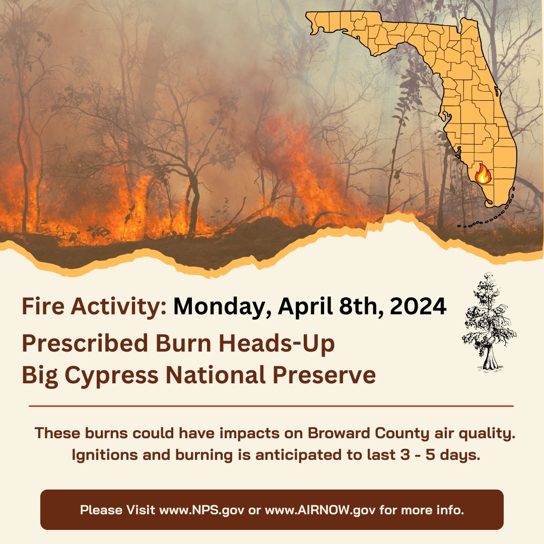 Prescribed burns continue in Big Cypress National Preserve with the next anticipated burn to take place Monday, April 8th, 2024. Prescribed burns help decrease the risk of larger wildfires and are closely monitored under specific weather conditions.