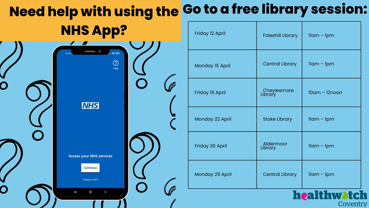 Bring along your smartphone or device + photo ID to one of these free sessions happening in Libraries. Learn how to download and do more with the NHS App! Order repeat prescriptions, book appointments, view your records and more.