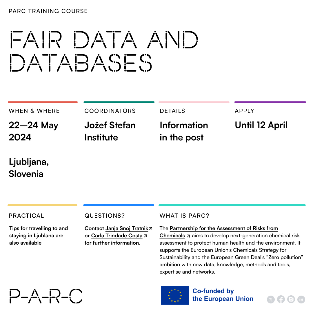 ❗ Deadline approaching👉12 April 2024 to apply for #PARCTraining on #FAIRData and Databases in Ljubljana (Slovenia) at Jožef Stefan Institute in collaboration with @unibirmingham, @RECETOX and @VITObelgium.
Further information👉lnkd.in/gfwcEwKY .
#science #fairdata