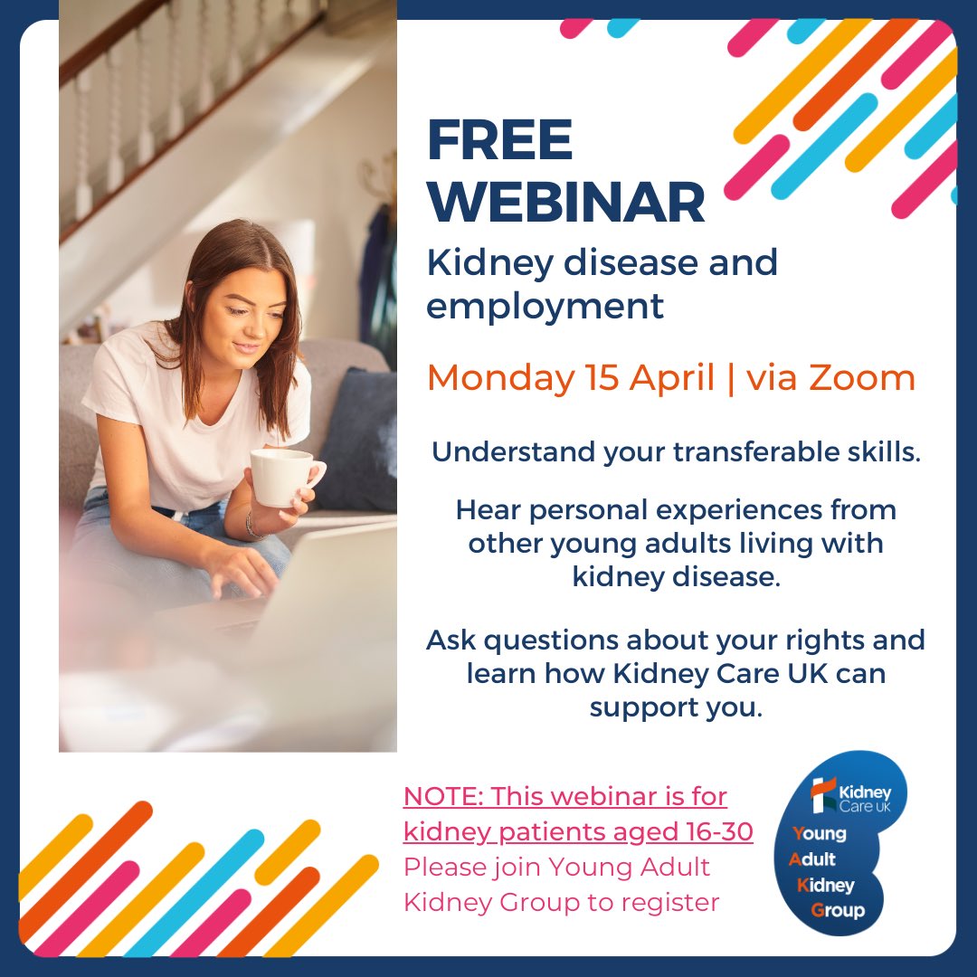 Are you between 16 – 30 years of age &amp; have chronic kidney disease (CKD)? Would you like to know more about balancing life with CKD alongside finding &amp; sustaining employment?
 
If so, we have the perfect FREE webinar for you! Join us on Facebook (link in bio) for further info!
