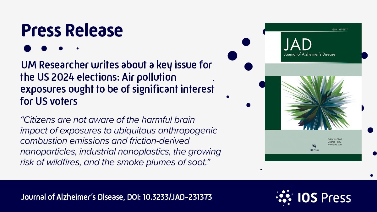 An opinion paper in #JournalAD identifies air pollution risk exposures and the development of Alzheimer’s and Parkinson’s diseases in exposed populations. #ADResearch #Alzheimers ➡️ View news: bit.ly/PR_JAD_Air ➡️ View article: content.iospress.com/articles/journ…