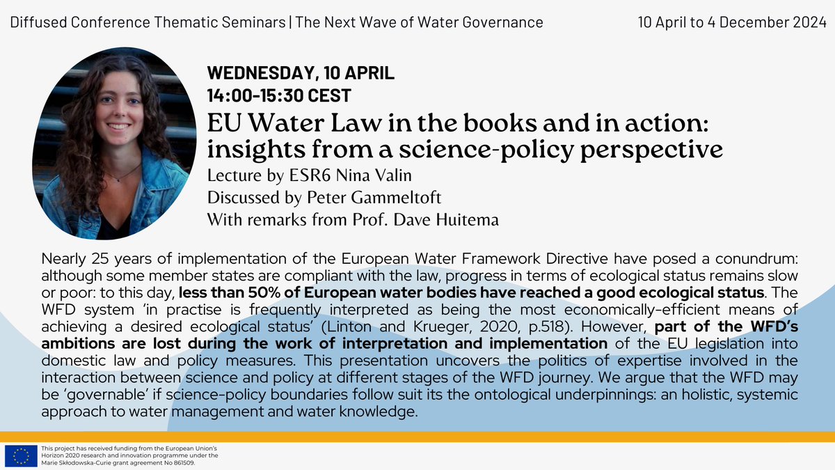 🚨Are you registered? The first #seminar of our #online thematic seminar series is happening this Wednesday! 🇪🇺EU Water Law in the books and in action: insights from a science-policy perspective with Nina Valin 🗓️10 April • 2-3:30PM CEST 🔗 vu-live.zoom.us/webinar/regist…