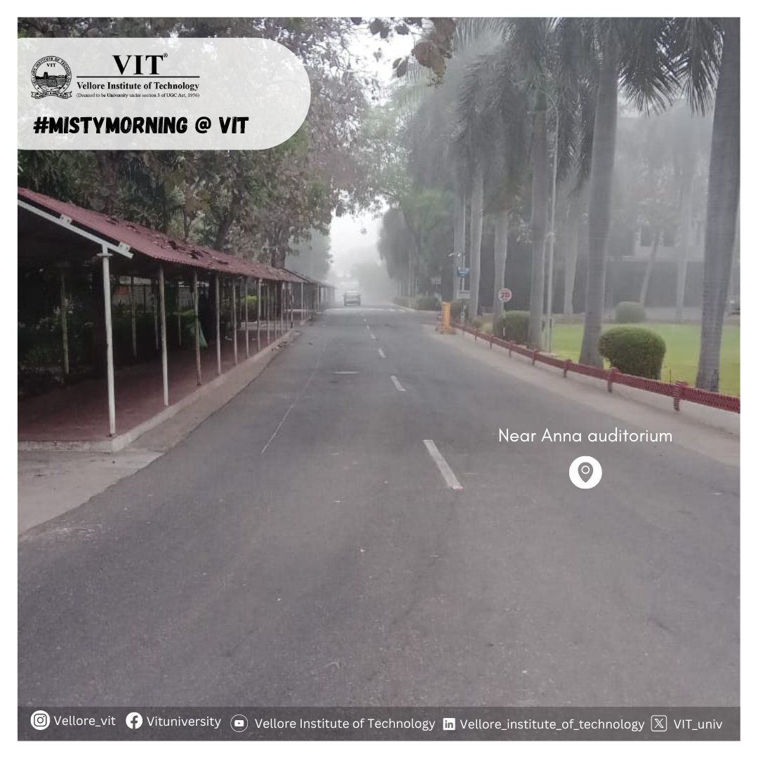 The sudden misty morning, revealing the campus' serene charisma!

Pic Credits:
Dr. Sasikumar S., Director - PG Admissions
Mr. Sudhan Raj, Asst. Events Manager
Arafan Firoz Valkandi, Student - B.Arch

#VIT #CampusLife #VITVellore #MistyMorning #FoggyMorning #NatureBeauty #Nature