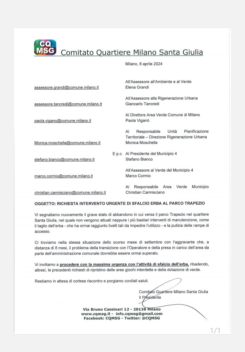 cqmsg's tweet photo. Lunedì 8 aprile 2024 -> abbiamo sollecitato agli Assessori e Uffici competenti un intervento urgente per lo sfalcio dell'erba al parco Trapezio, che ha ormai raggiunto livelli improponibili.
#CQMSG https://t.co/GqBqCFuGm1