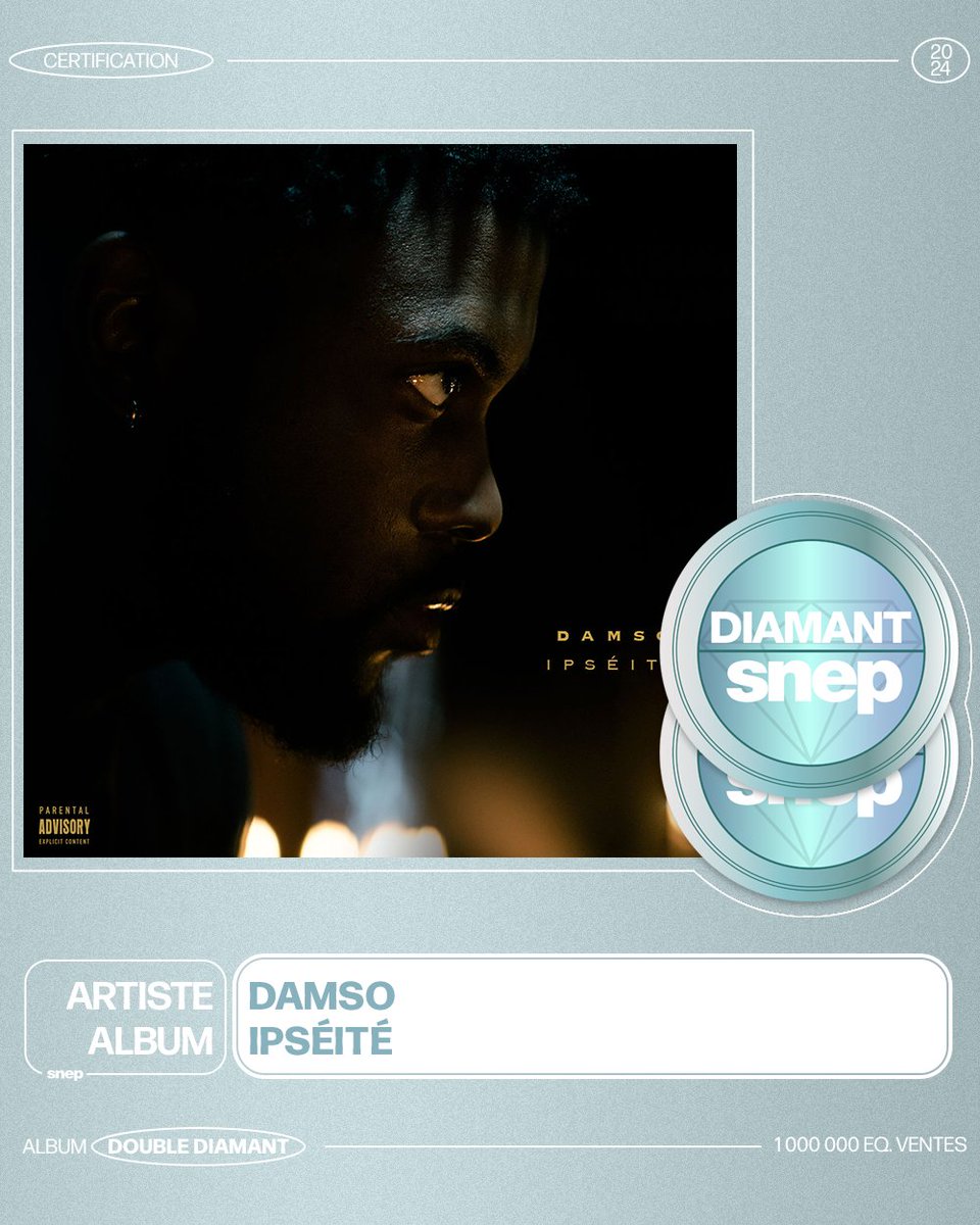 snep's tweet photo. L’album « Ipséité » de Damso est certifié Double Diamant ! 💎💎

1 000 000 équivalents ventes 📈

Bravo ! 👏 https://t.co/CniGHn9qBx