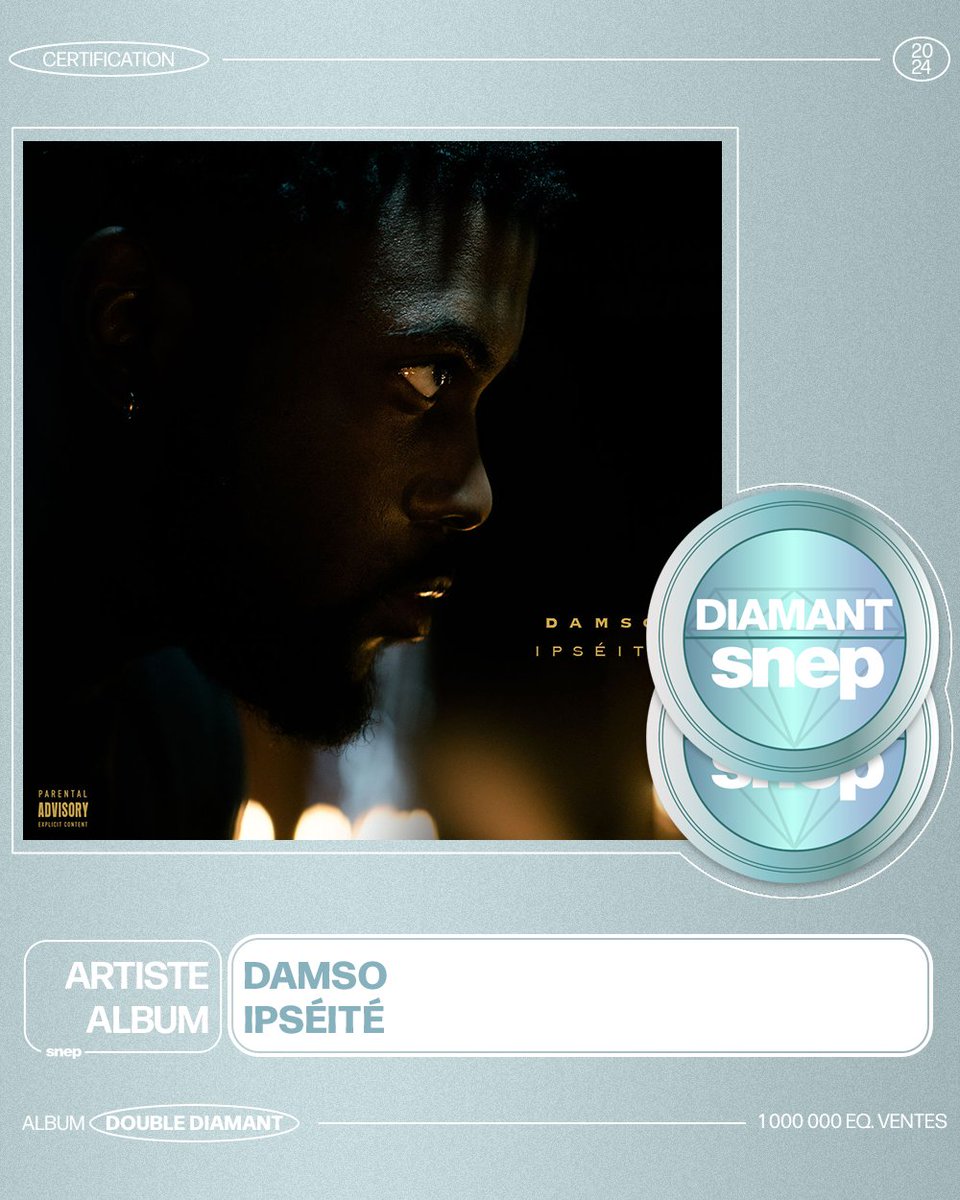 L’album « Ipséité » de Damso est certifié Double Diamant ! 💎💎 1 000 000 équivalents ventes 📈 Bravo ! 👏