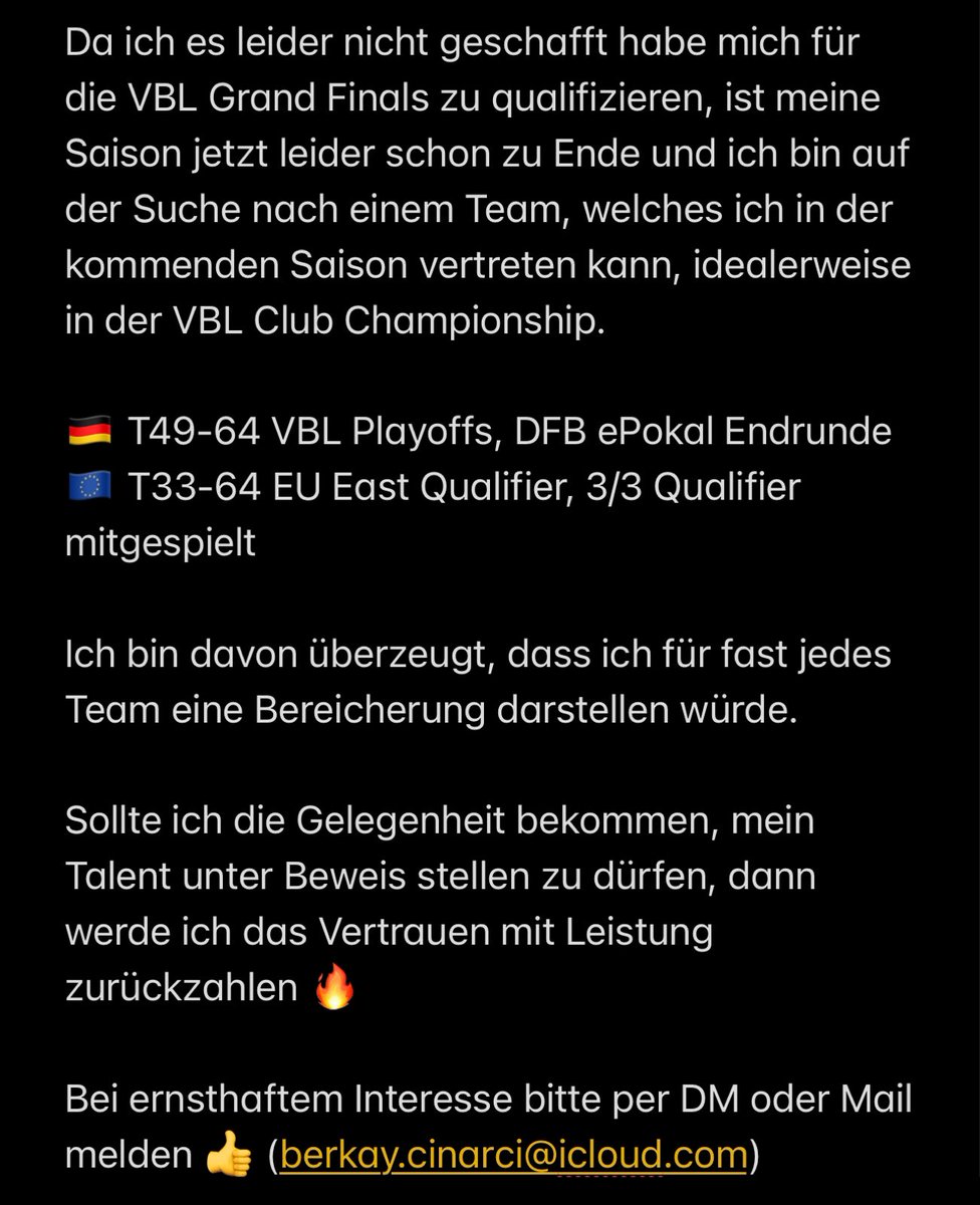 xBerki10's tweet photo. 🚨 EAFC 25 🚨

Das bittere Ausscheiden aus den VBL Playoffs möchte ich als Antrieb nutzen, um nächste Saison noch mehr zu grinden als je zuvor, um jedem zu beweisen was in mir steckt 🔥

Ich brauche nur DIE EINE CHANCE und werde sie nutzen, versprochen 🤝

❤️ &amp; RT erwünscht :) https://t.co/gOsbByy3EM