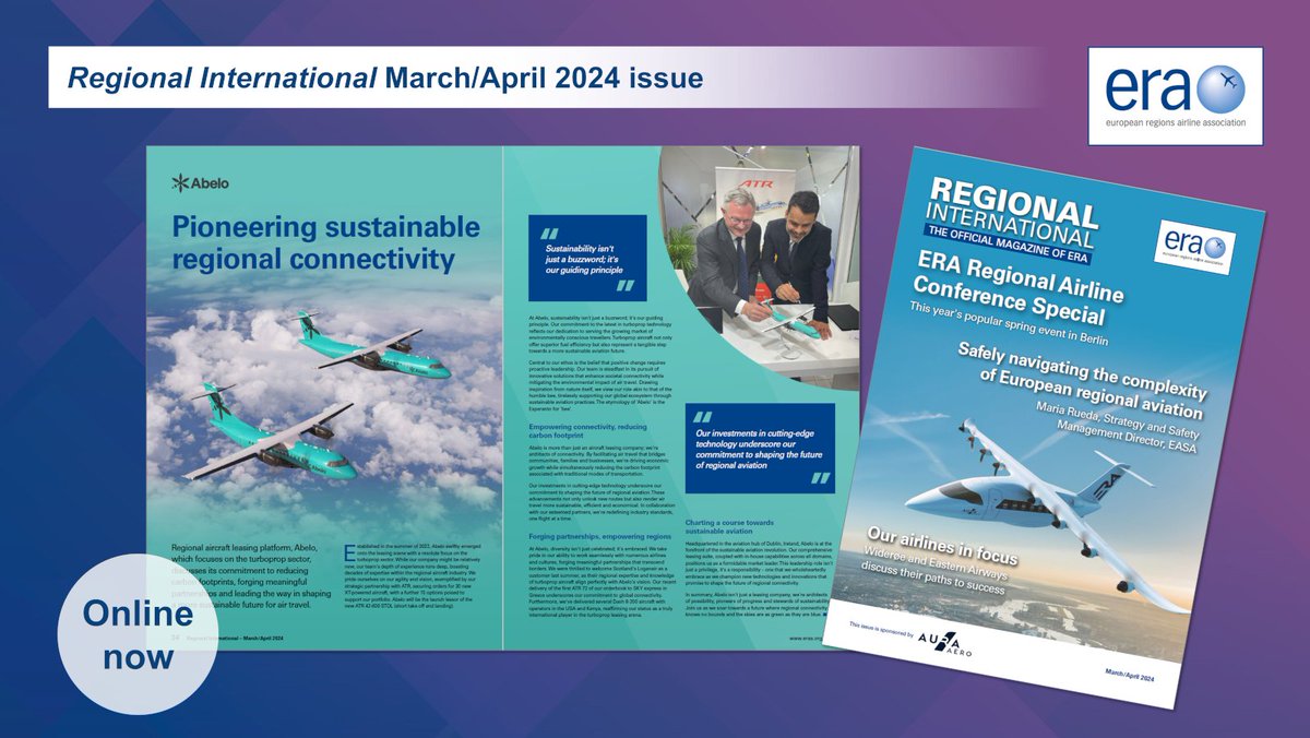 It is not just airlines striving to be greener - all of our members are doing their bit! Lessor Abelo is investing in the most efficient turboprop tech, helping airlines serve environmentally conscious travellers. Read more in Regional International: cloud.3dissue.net/9237/9242/9271…