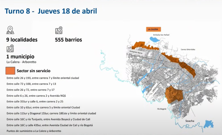 RedMasNoticias's tweet image. En la zona del día 8, jueves 18 de abril, hay barrios en nueve localidades y los puntos de suministro de La Calera y Arboretto. Las localidades son: Antonio Nariño, Bosa, Chapinero, Kennedy, Los Mártires, Rafel Uribe Uribe, San Cristóbal, Santa Fe y Usaquén.