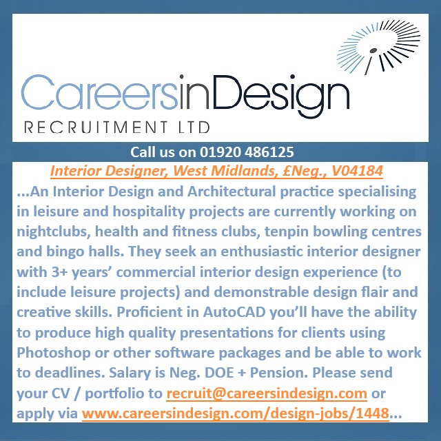 A #westmidlands based #nteriorDesign and Architectural practice specialising in leisure and hospitality projects seek an Interior Designer. careersindesign.com/design-jobs/14…… #designjobs #design #interiordesigner #interiorarchitecture #interiorarchitect #autocad #photoshop #jobs