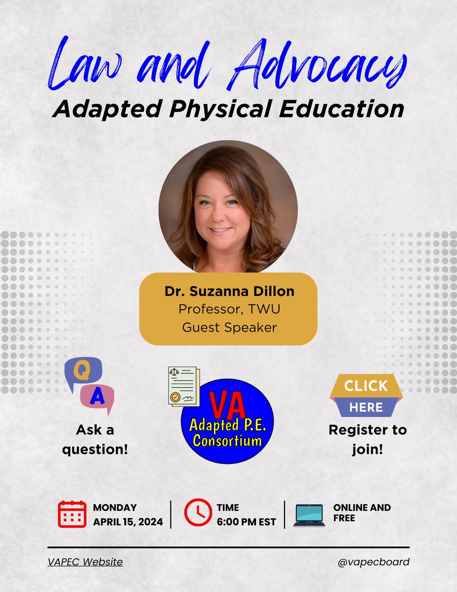 Join VAPEC for a free, online webinar discussing the law and advocacy in #AdaptedPE with guest speaker  @SuzannaRDillon. Click below to register! 

forms.gle/tdYe2ibGkKCnLi…