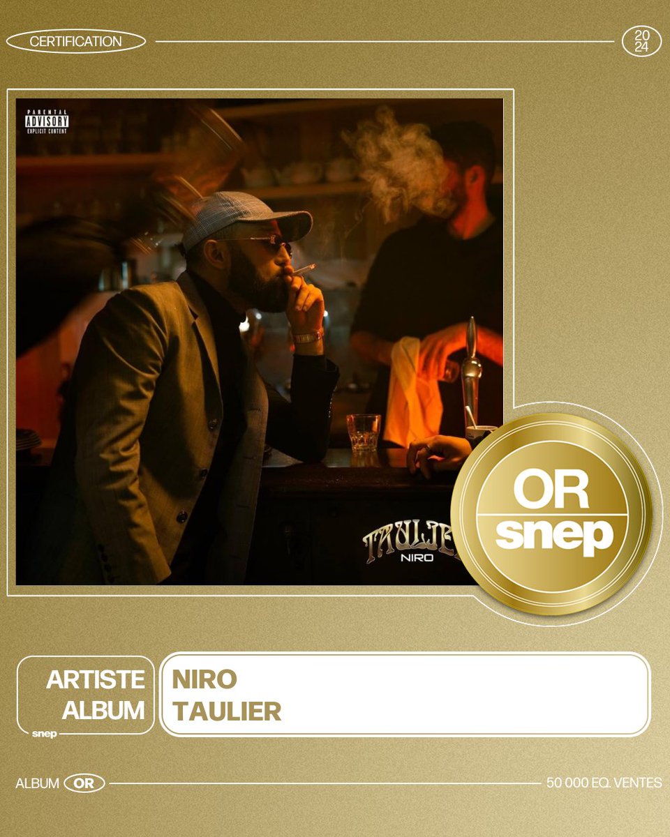 snep's tweet photo. L'album « Taulier » de Niro est certifié Or ! 📀

50 000 équivalents ventes 📈

Bravo ! 👏 https://t.co/4eJkvaKx9H