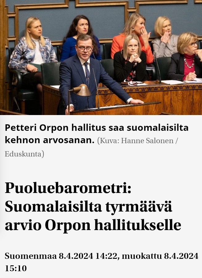tuulimukka2's tweet photo. SUOMALAISISTA peräti 61 prosenttia arvioi hallituksen onnistuneen tehtävissään heikosti. Huonosti hallitus on toiminut 38:n ja melko huonosti 23 prosentin mielestä.
Osuus on kasvanut 31:stä prosentista 38 prosenttiin.
#orpo #persut @sfprkp @kokoomus
https://t.co/9MzSt9zdtl https://t.co/6EAbg56o5V