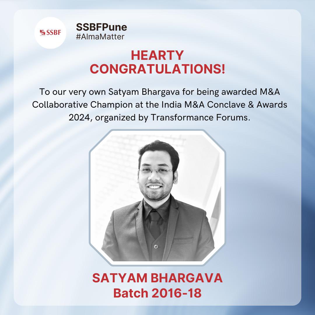 Symbiosis School of Banking and Finance congratulates our very own Mr. Satyam Bhargava for being awarded as M&A Collaborative Champion, representing KiwiTech at the India M&A Conclave & Awards 2024.

#ssbf #ssbfpune #symbiosis #bankingandfinance #almamatter #alumniachievement