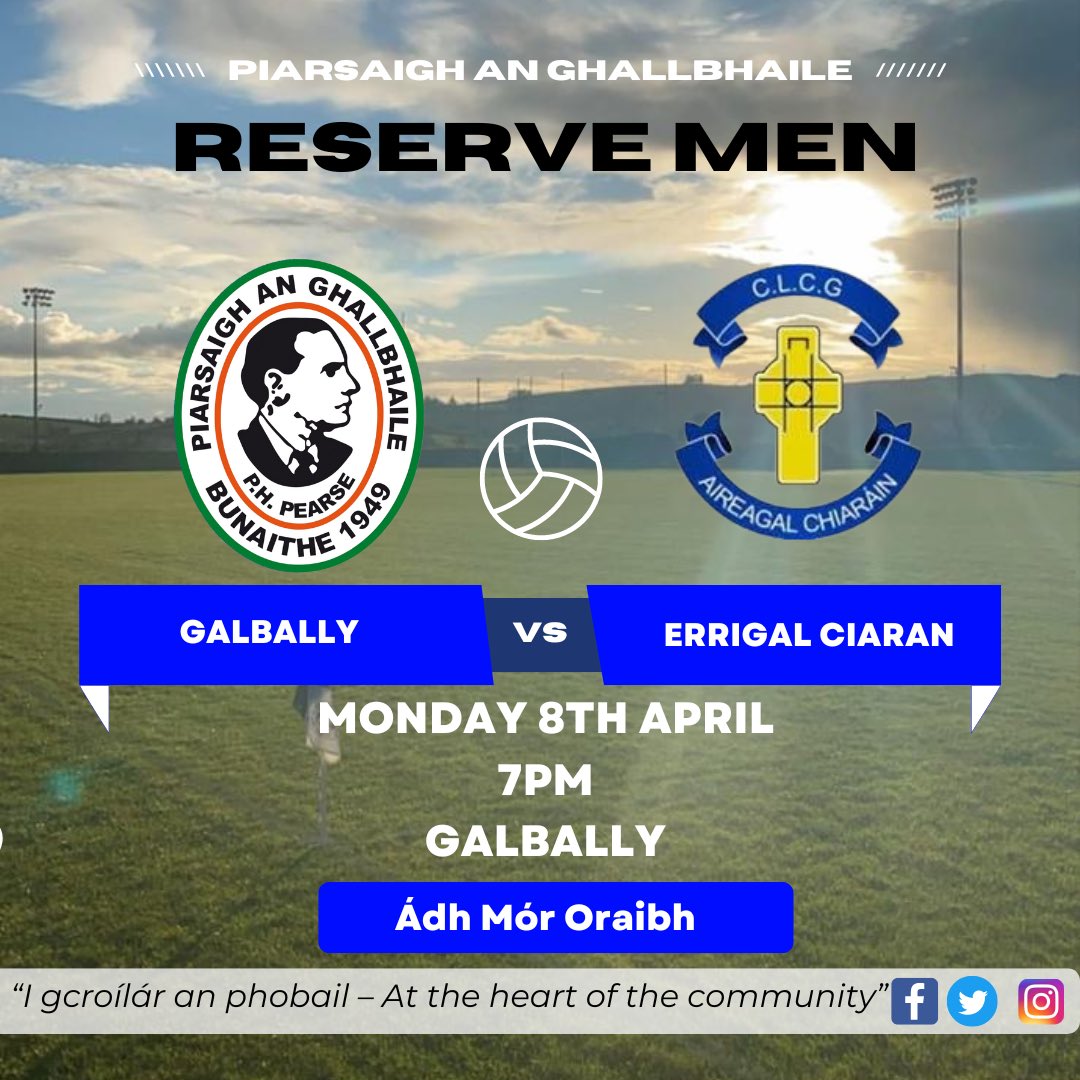 RESERVE MEN🔵⚪️ Our reserve men start their 2024 league season this evening as they take on Errigal Ciaran at Pearse Park. Best of luck to our men and the management team. Let’s get out and show them our support👏🏻🔵⚪️