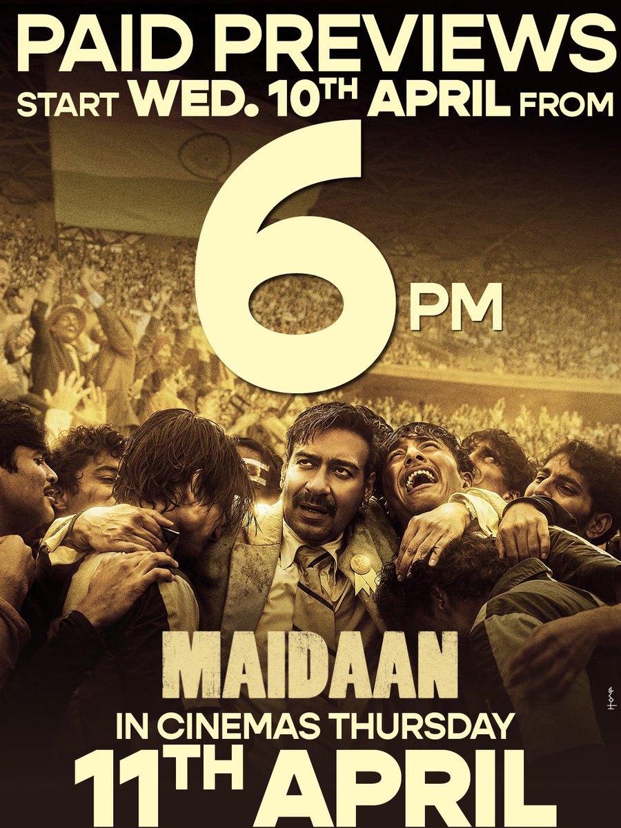 Mark your calendars! #Maidaan release across cinemas in India on 10th April, with special previews starting 6pm onwards. Full scale release to follow on the Eid holiday on 11th April. 🇮🇳⚽️ Reserve your seats now! 🔗 - linktr.ee/Maidaan_ #MaidaanInIMAX #MaidaanOnEid