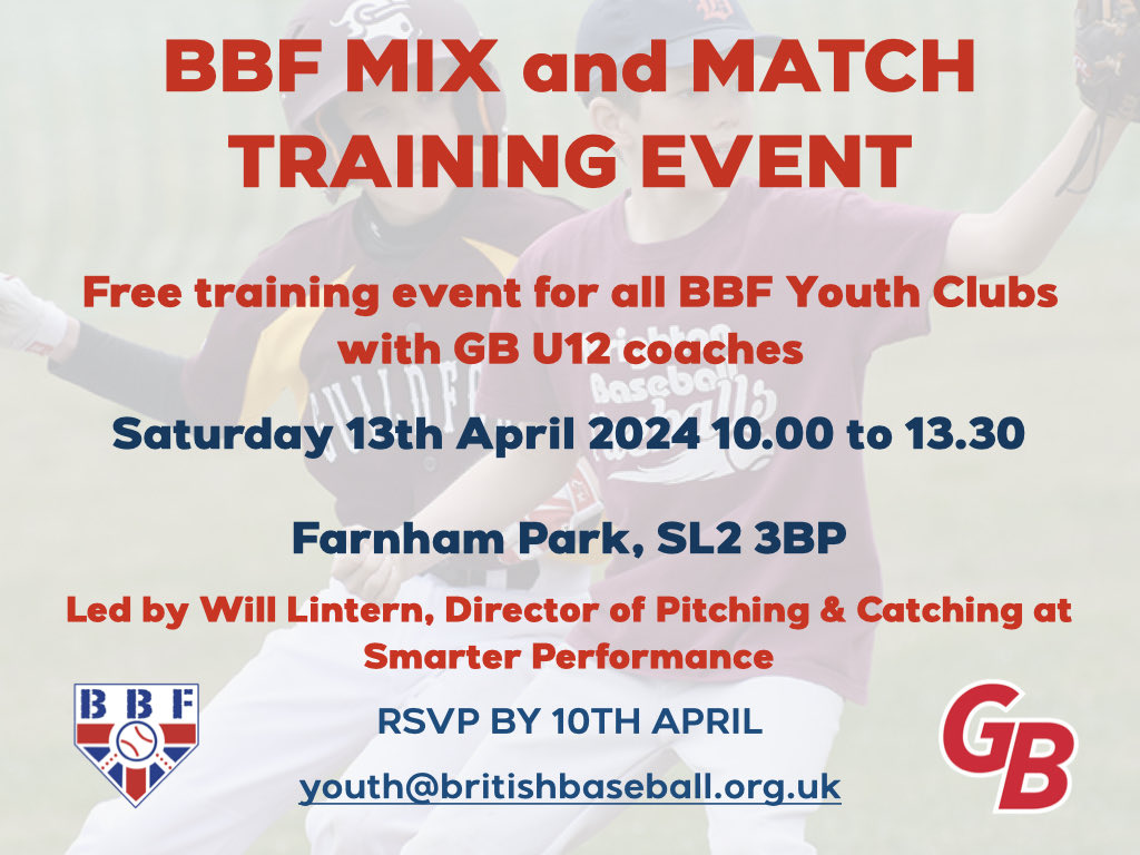 Free U16s Youth Training Event for all BBF Youth Clubs featuring @GB_Baseball U12 Coaches and led by @Will_Lintern at Farnham Park. RSVP by 10th April. #OurFuture Details and registration here bit.ly/3TRwAoz