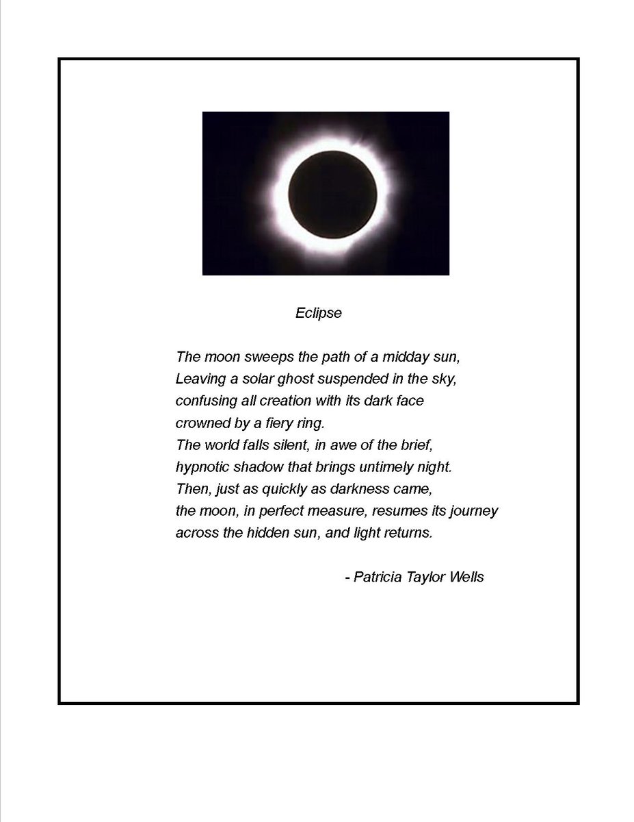 I wrote this poem after the 2017 total solar eclipse. Today, I have the opportunity to observe the 2024 eclipse since I'm in the path of totality - I hope to be inspired to write a new poem. 'Eclipse' is featured in my poetry collection 'LodeStar, Reflections of Light and Dark.'