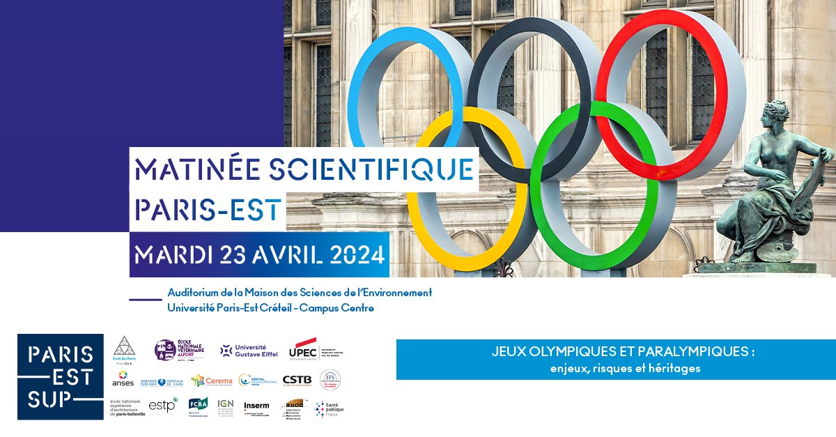 ParisEstSup's tweet photo. Le 23/04/24 Paris-Est Sup organise une matinée scientifique qui aura pour thématique les « Jeux Olympiques et Paralympiques : enjeux, risques et héritages » à la Maison des Sciences de l’Environnement de l'@UPECactus 
▶ Information et inscription : https://t.co/8V9Bh2g0y1 https://t.co/IhliZVfRKA