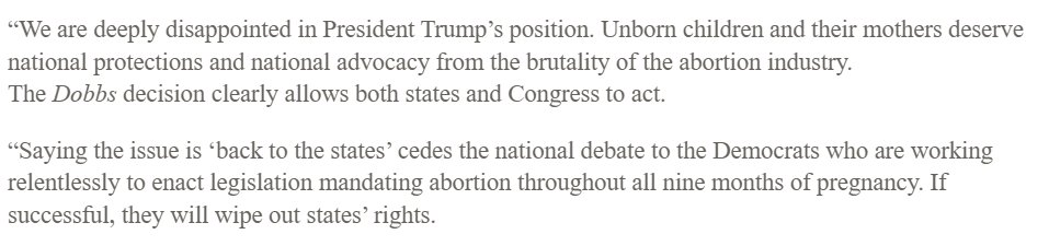 After Donald Trump said earlier this AM that abortion should be left up to the states and he declined to endorse a federal abortion ban after teasing it for weeks, Marjorie Dannenfelser of SBA Pro Life says her group is 'deeply disappointed in President Trump's position':