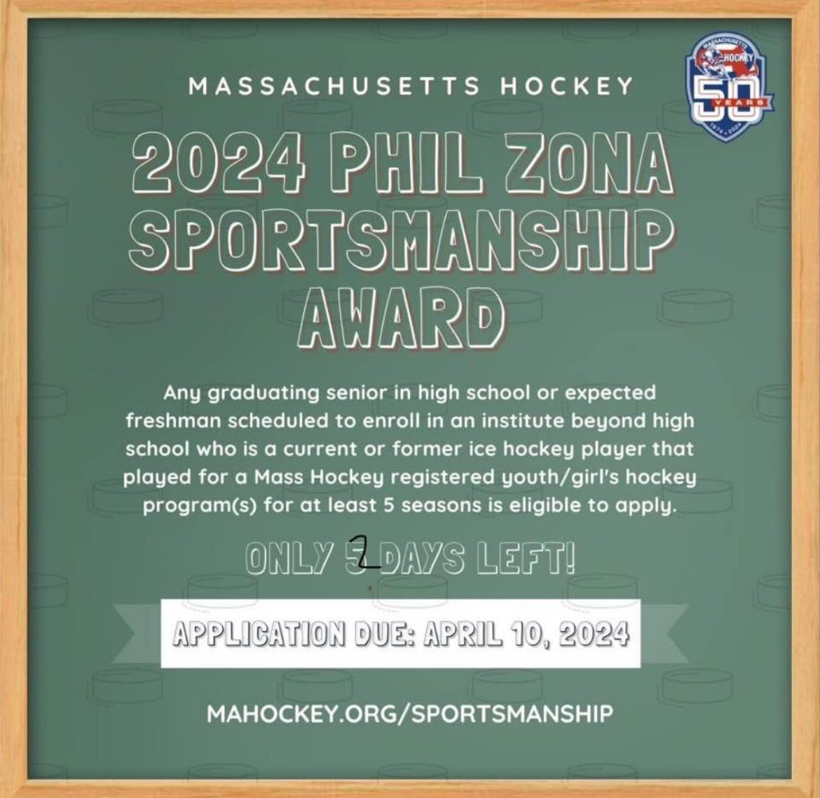 Hockey Seniors, Deadline is Wednesday! Go to MAHOCKEY.ORG/SPORTSMANSHIP @MIAA033 @Mass_Hockey @MHLbbiglive @MassHSHockey @MassNZ @HNIBonline @MSHCA1 @BLS_Athletics @In_The_Slot