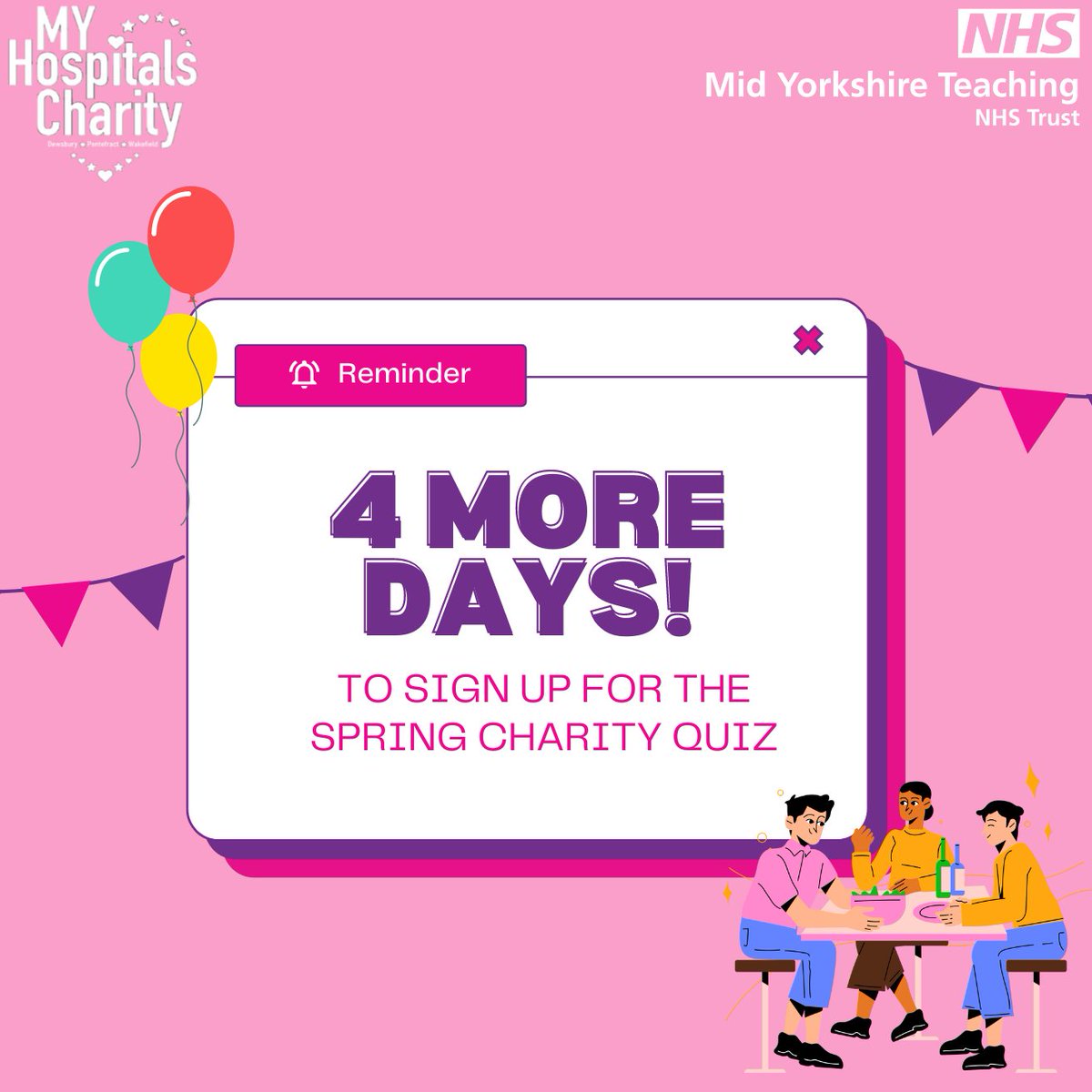 🎉Charity Quiz🎉 Four more days left to sign up for the Spring Charity Quiz! Grab your tickets now and join us for an unforgettable evening filled with laughter, great company whilst supporting our MY MRI Appeal 🙌 Contact us at midyorks.myhospitalscharity@nhs.net for tickets🌈