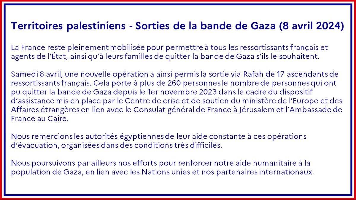 #Territoires_palestiniens | La France reste pleinement mobilisée pour permettre à tous les ressortissants français et agents de l’État, ainsi qu’à leurs familles de quitter la bande de #Gaza s’ils le souhaitent. Déclaration intégrale ➡️ fdip.fr/uzXRqEc4