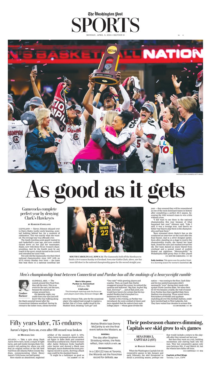 Monday's @postsports front: 'As good as it gets'