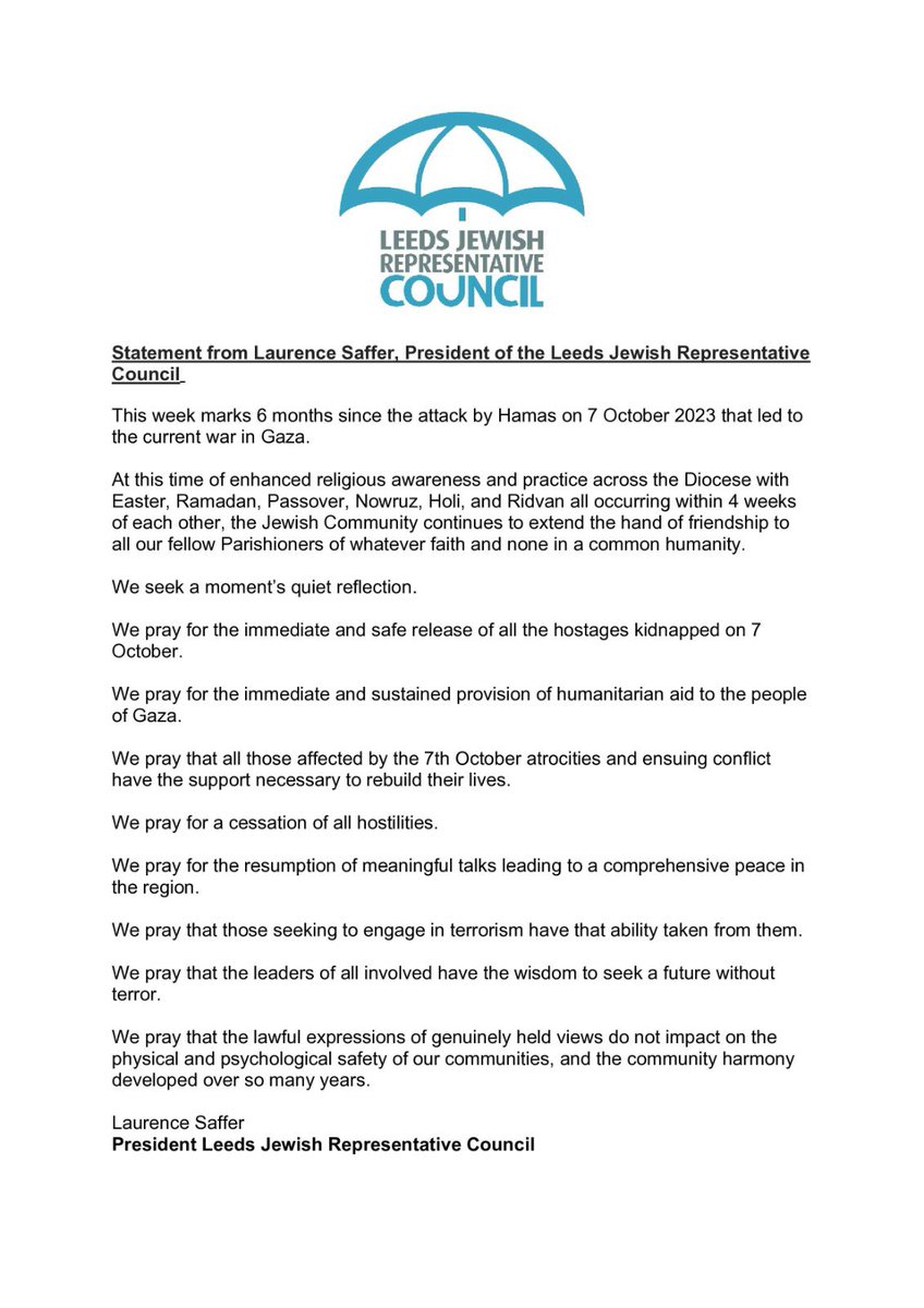 Statement from Laurence Saffer, President of the Leeds Jewish Representative Council.