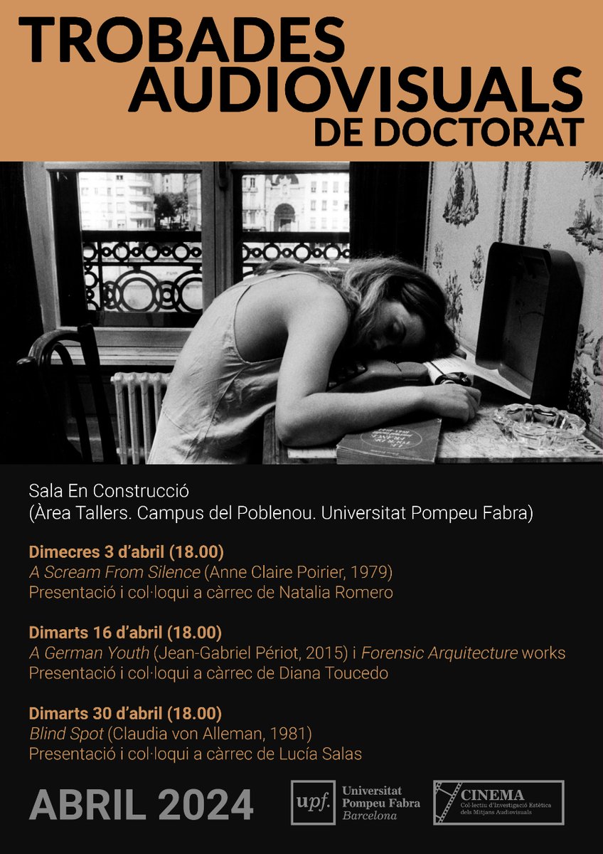 Et convidem a la nova sessió de les trobades audiovisuals de doctorat impulsades pel grup @comparativecine. El 16 d'abril Diana Toucedo presentarà A German Youth i Forensic Arquitecture works. Activitat oberta i gratuïta però requereix inscripció 👉 i.mtr.cool/saiehiglts